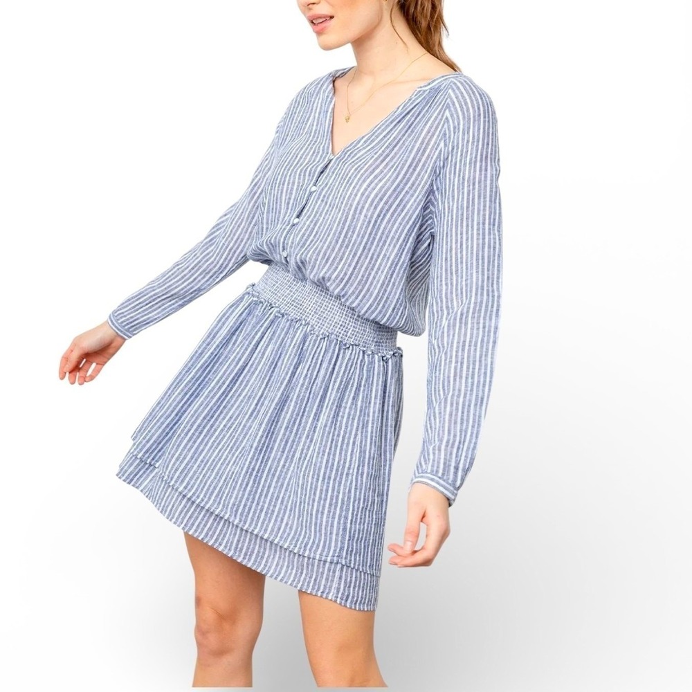 Rails Jasmine Azure Stripe Linen Blend Smocked Mini Dress Blue White Large Beach